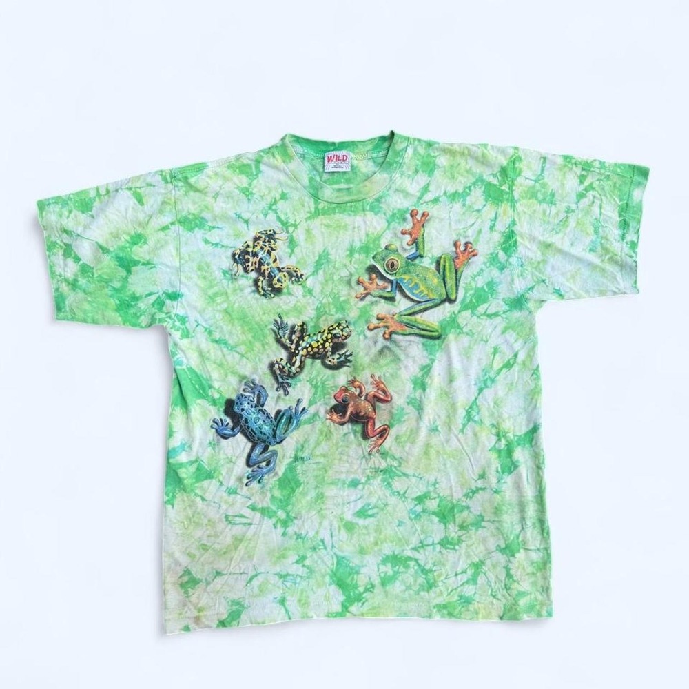Vintage Wild Cotton 90s Frog Graphic Tie Dye T Shirt Mens XL Green Nature Tee